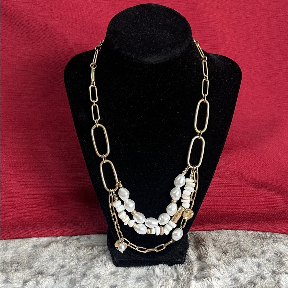 Gold Tone Paperclip 16” Chain Layered Pearls Beads Charms Boho Statement Choker